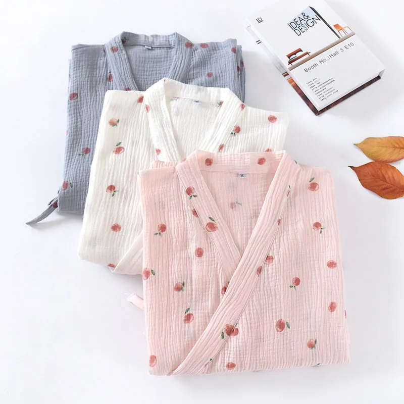 Japanese Kimono Pajama For Women Printed Cotton Crepe Female Home Nightdress Spring Summer New Cardigan Half Sleeved Nightgown