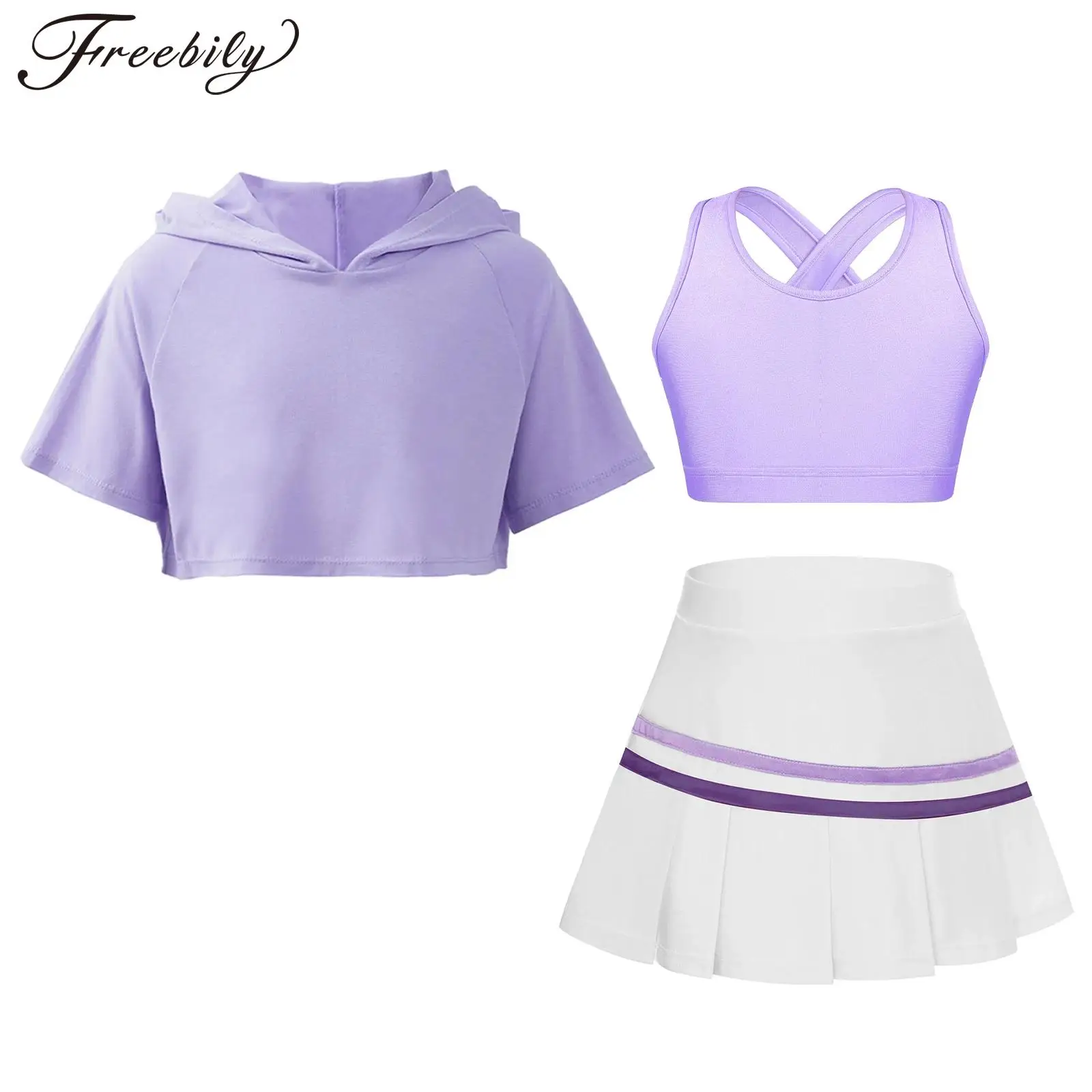 Kids Girls Ballet Dance Outfits Tanks Pleated Skirt Hooded Top Children's Fitness Suits for Golf Badminton Gym Tennis Set