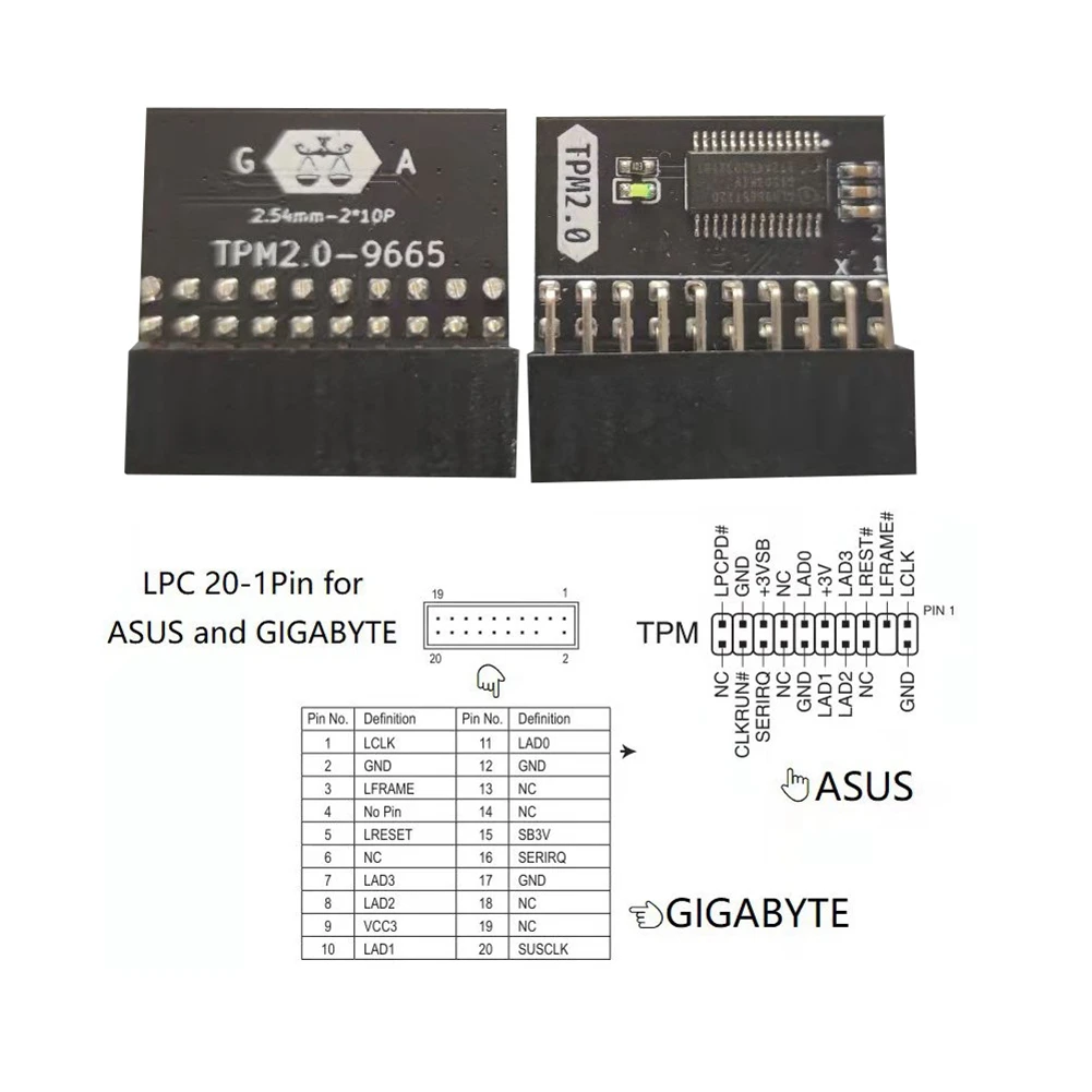 LPC 20Pin Protection Module for ASUS TPM-L R2.0/Gigabyte GC-TPM2.0 Compatible Trust Platform Module 20-Pin 20-1 L2P7