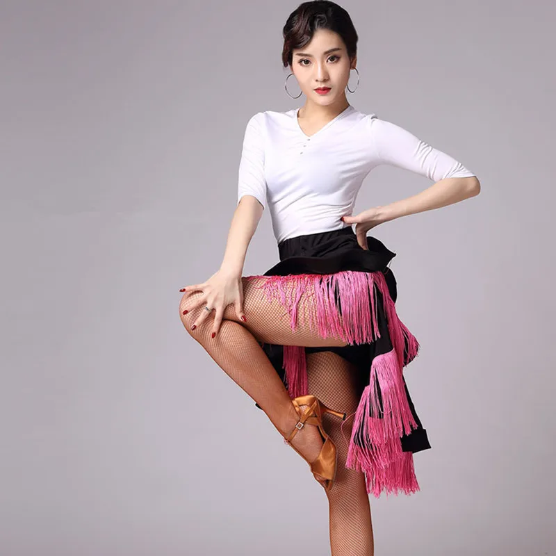 

Женская юбка для латинских танцев с бахромой, розовое/черное/белое платье для сальсы/румбы/самбы/танго для танцевальной практики/танцевальная одежда