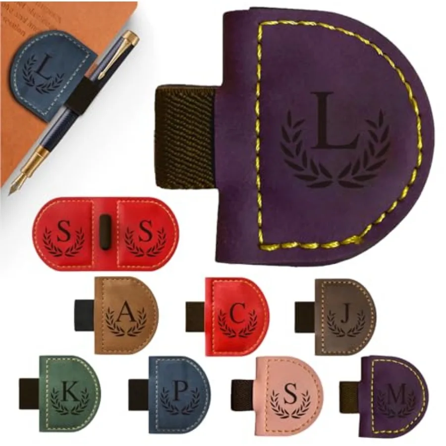 

Personalized Bygone Mark Bookmark with Pen Holder, Magnetic Bookmarks with Vintage 26 Letters, Engraving Leather Magnetic Pen H