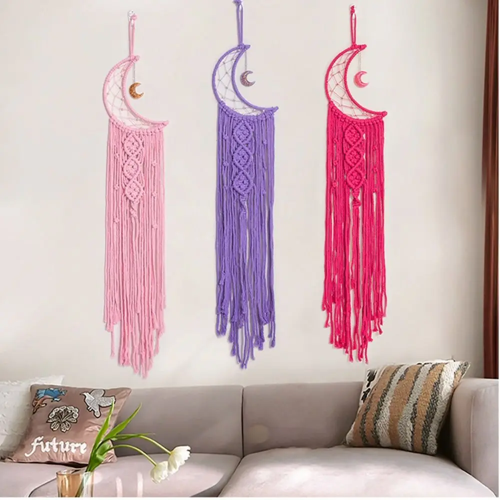 Nordic Bohemian Knitted Rope Tapestry Wall Decor Moon Shape Woven Tassel Blanket Wall Hanging