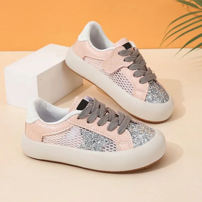 Girls Autumn Casual Soft Soled Low Top Board Shoes Children Fashion Thick Sole Sneaker Star Sequins Antiskid Velcro Front Lacing