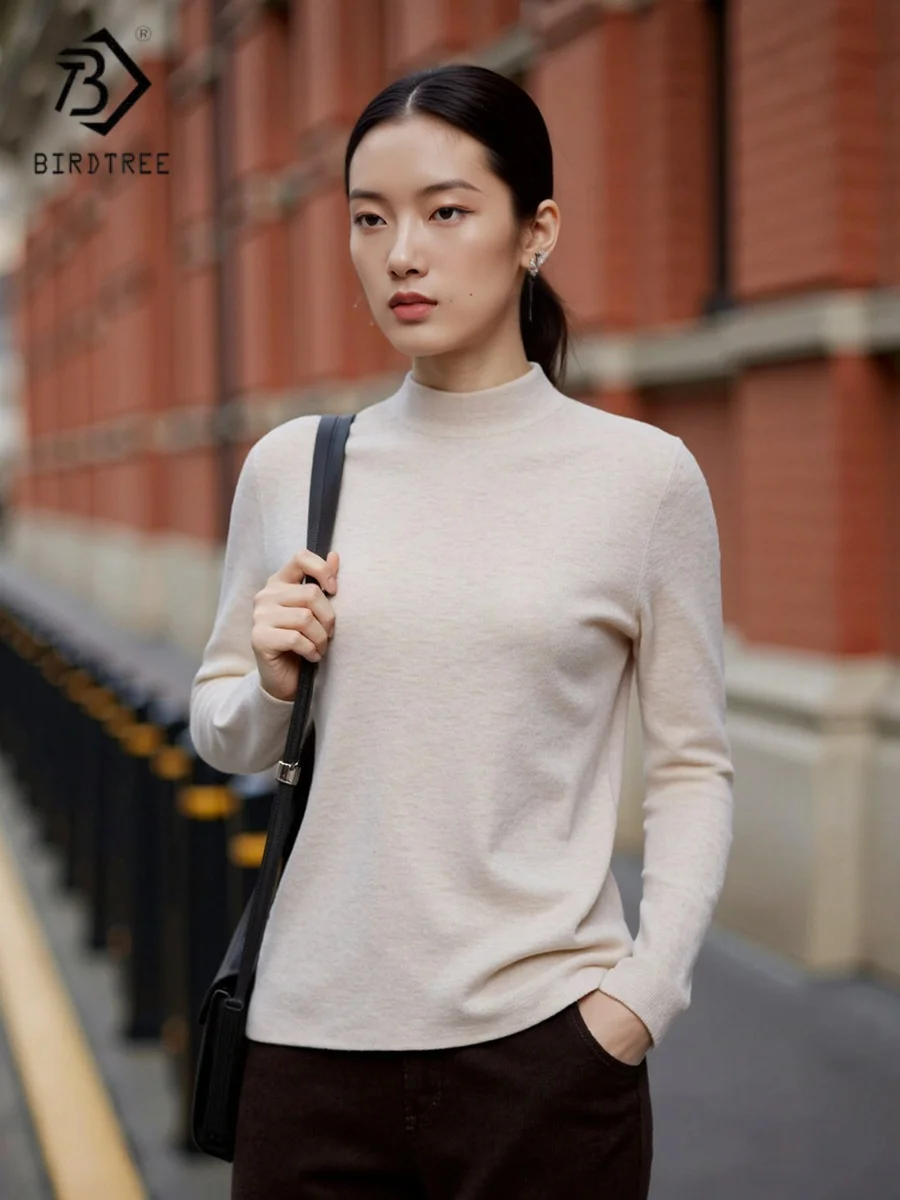 Birdtree، قميص داخلي صلب 100% من الصوف الخالص، قميص نسائي محبوك برقبة وهمية، بلايز بأكمام كاملة، مناسب للجسم، شتاء 2025 جديد T5D523JF