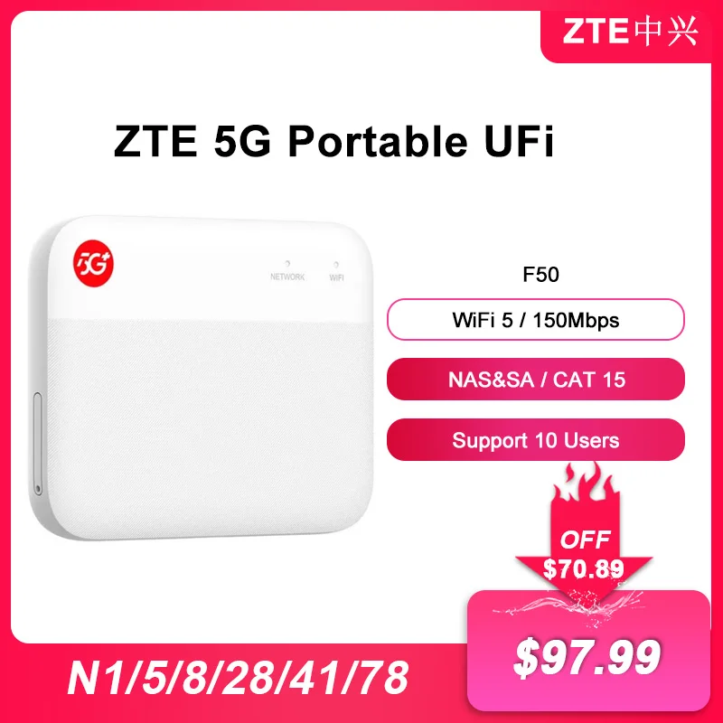 2023 Nieuwe Originele Zte Ufi F50 5G Pocket Mifi 5G Sub-6 Sa/Nsa N1/5/8/28/41/78 4G Cat15 2.4G/5G Wifi (Geen Batterij)