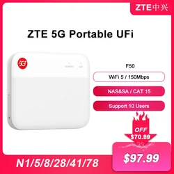 2023 New Original ZTE UFi F50 5G Pocket MiFi 5G Sub-6 SA/NSA N1/5/8/28/41/78 4G Cat15 2.4G/5G Wifi(No battery）