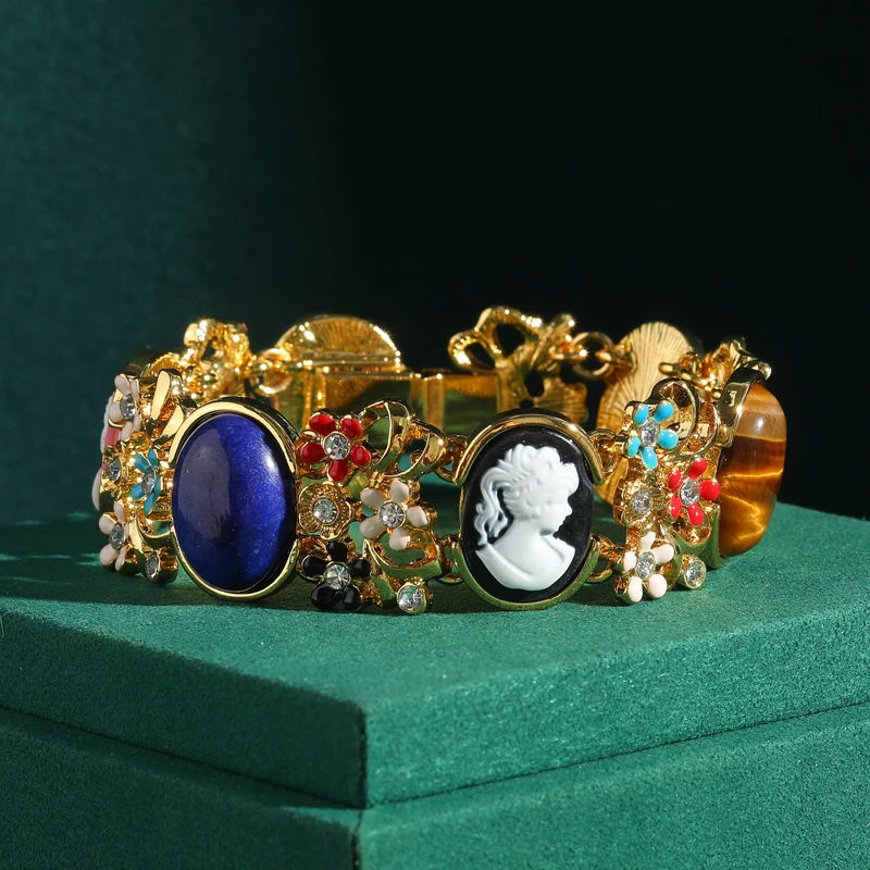 

Vintage Cameo Flower Bracelets Woman Natural Stone Colorful Beads Bright Gold Color Charm Summer Accessories Mothers Day Gift