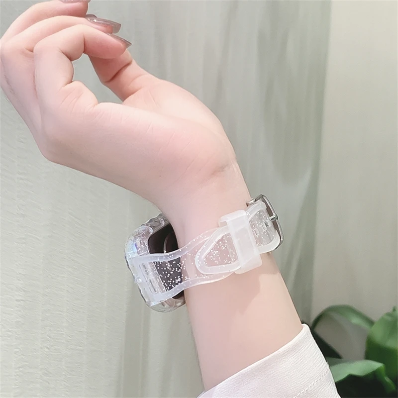 Clear Glitter Strap For Apple Watch Band 44mm 40 45 41 42 38mm Protective Case iWatch 8 Ultra 7 SE 3 5 6 Wave Silicone Bracelet