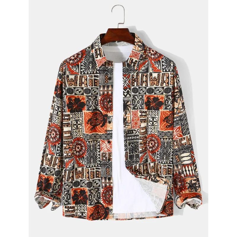 Vintage National Style Print Men\'s Shirts Casual Single-Breasted Blouses Long Sleeve Shirt Fashion Trend Lapel Tops Men Clothing