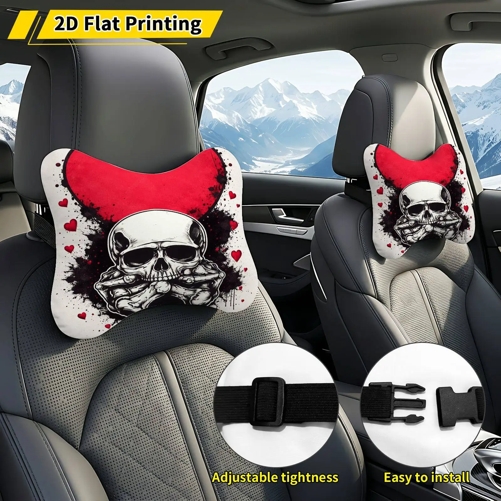 2pcs Heart Skull Bone Car Seat Headrest, Neck Support Cushion, Suitable For All Seasons Of Car Additions, Love Theme, Travel Nec
