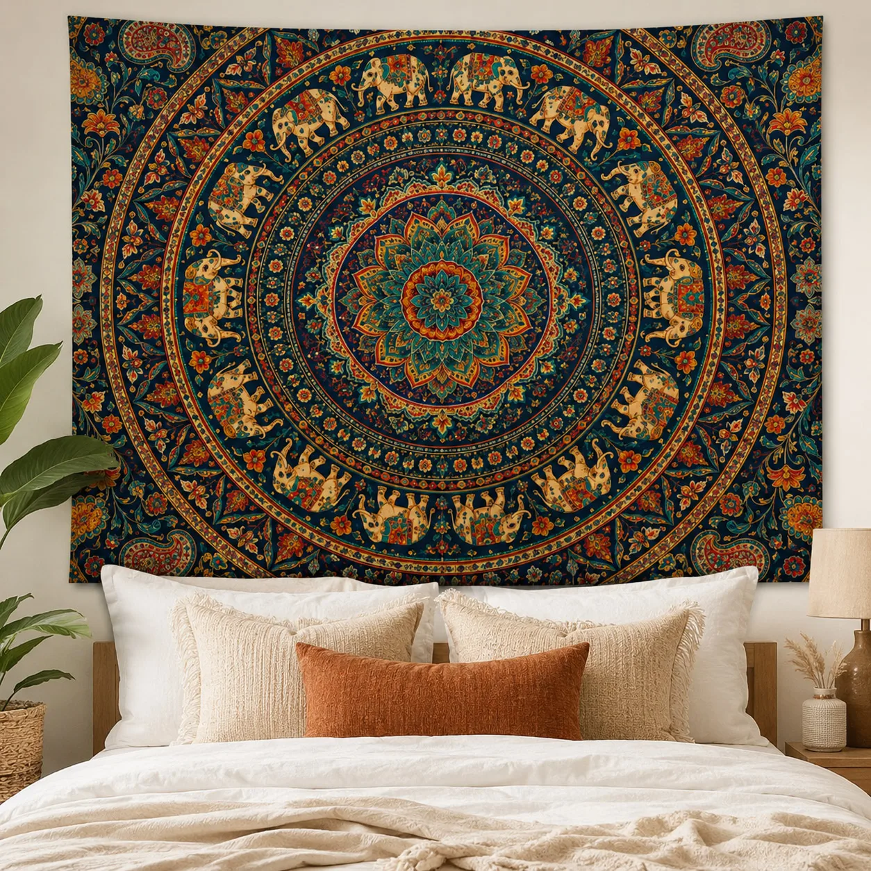 Elephant Mandala Tapestry Boho Indian Wall Hanging Hippie Floral Tapestry for Bedroom Living Room