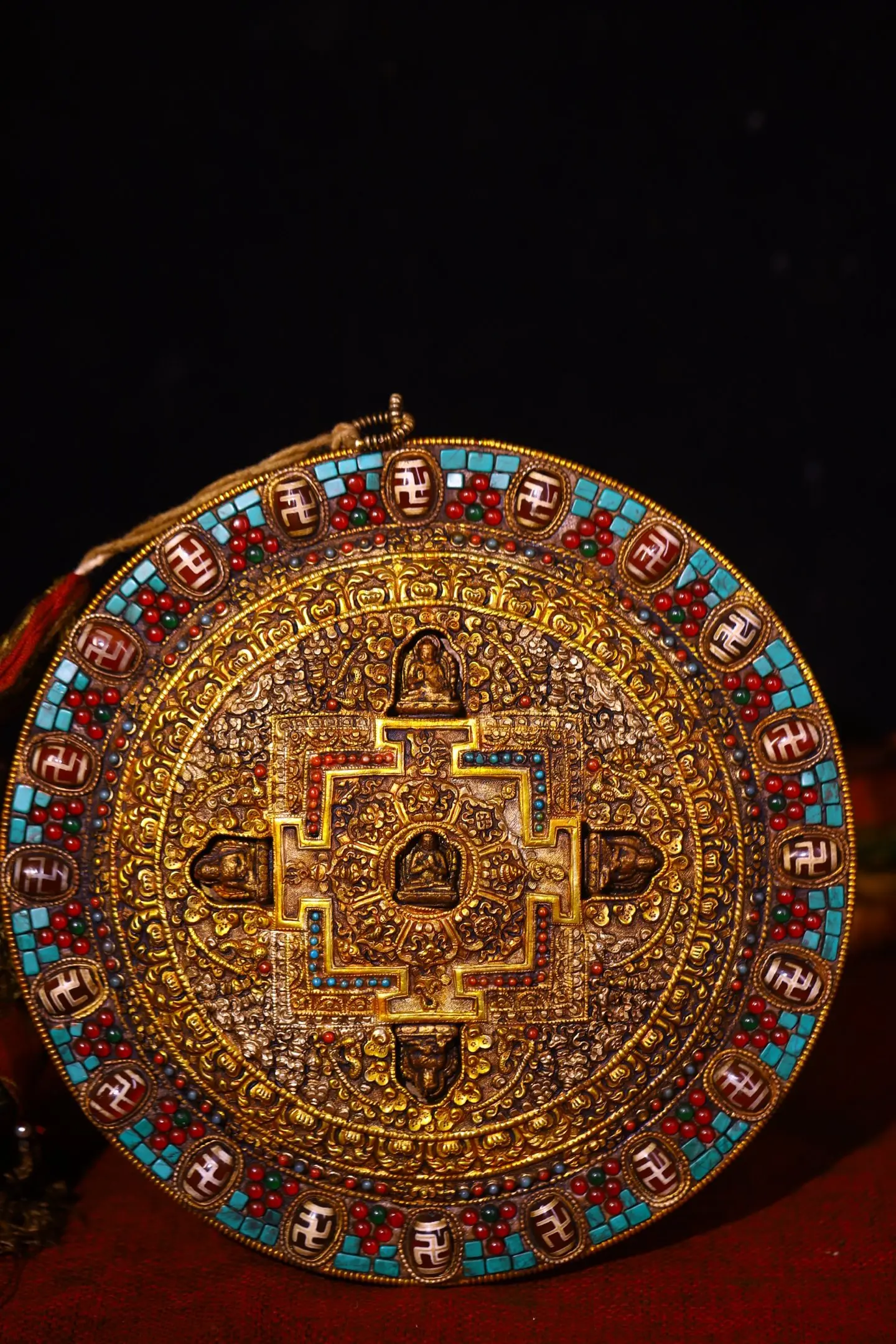 

9"Tibetan Temple Collection Old Tibetan Silver Mosaic Gem gZi Beads Turquoise Five Buddhas Buddhist Niche Thangka Hanging Panel