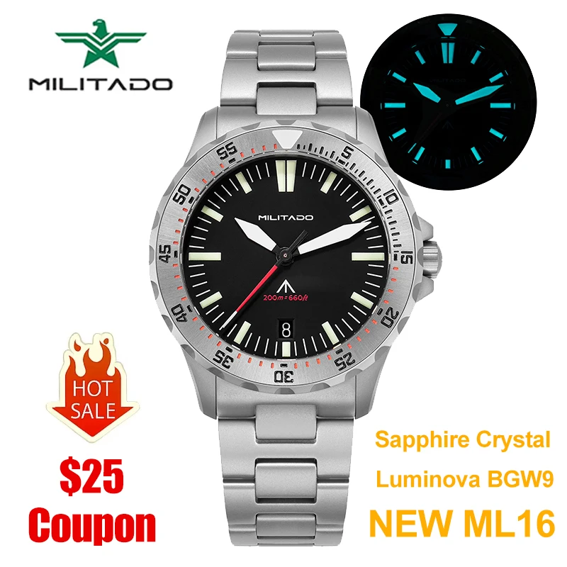 Militado ML16 Кварцевые часы VH31 Sweep/Ronda 515 Кварцевый механизм Винтажные часы 200 м Водонепроницаемые светящиеся керамические безели Мужские часы