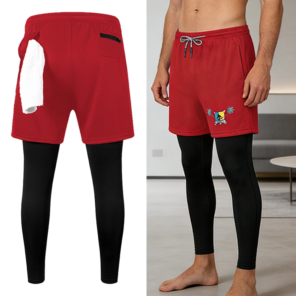 

Мужские спортивные брюки 2-в-1 с петлей для полотенца, двухслойные, быстросохнущие, для бега и тренировок, с принтом тропических пальм