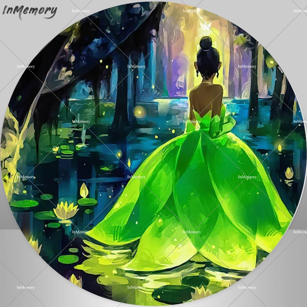 Princess Girl Tiana Round Circle Backdrop Cover Birthday Cartoon Frog  Kids Party Photography Background Booth Poster Custom