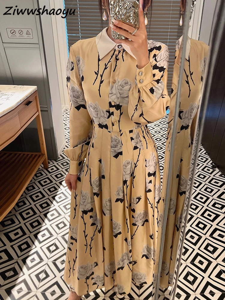 

High Quality Summer Women Fashion Runway Designer Silk Fabric Rose Floral Printed Beach Holiday Lantern Sleeve A-Line Dresses