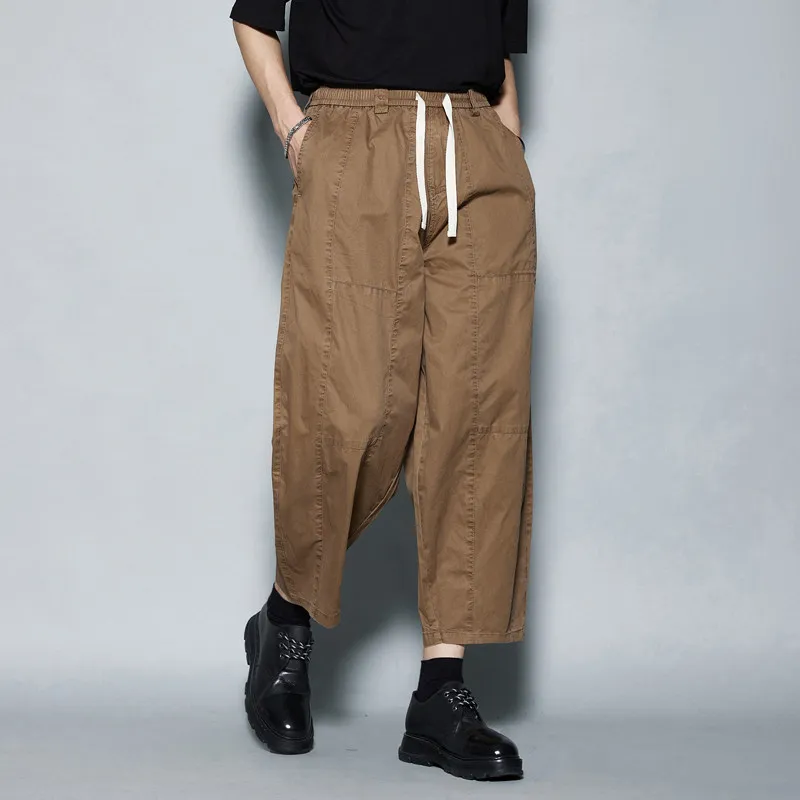 High Quality Retro Accent Japanese Cut Stitching Fabric Workwear Men's British Straight Loose Wide Leg Cropped Pants