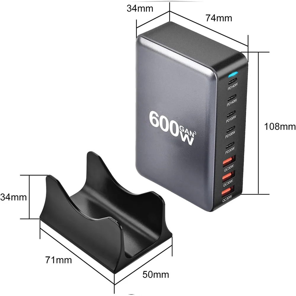 Carregador usb c gan 600w, 8 portas usb tipo c pd, estação de carregamento rápido, adaptadores pd3.1 para iphone 16 15 14 samsung xiaomi huawei