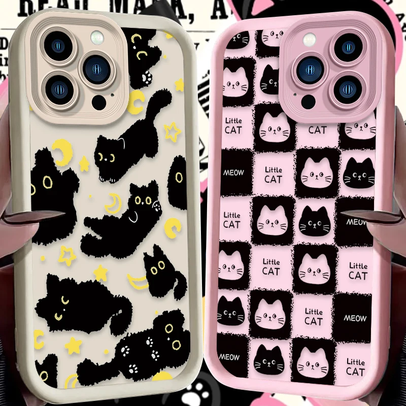 Lovely Cartoon Black Cat Case For iPhone 16 15 14 13 12 11 Pro Max X XS X S Max XR SE 2020 7 8 Plus Shockproof Silicone Cover