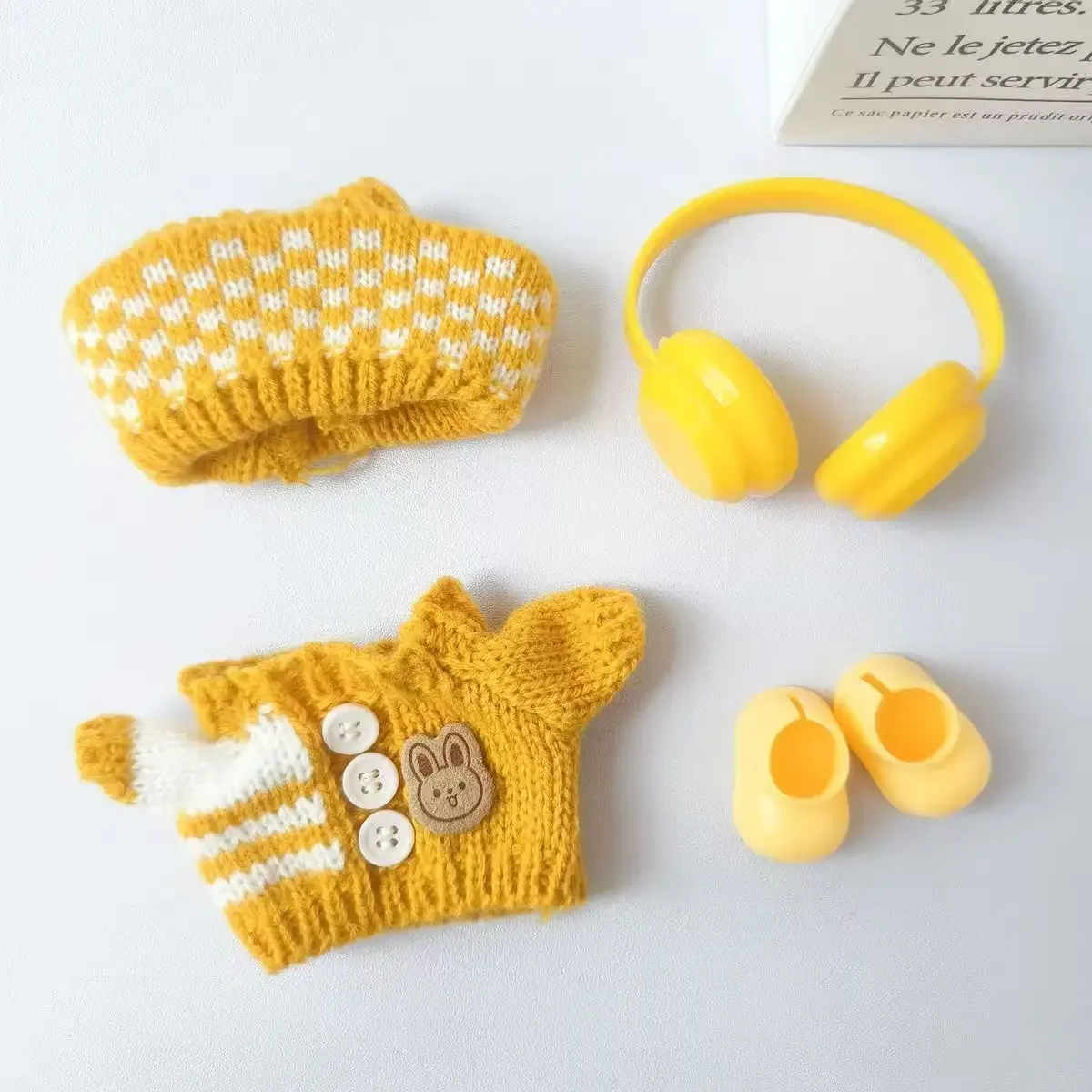 17cm Mini Doll'S Clothes Outfit Accessories For Labubu 10cm cotton doll Striped Button Sweater Bear Label Scarf Hat Clothing