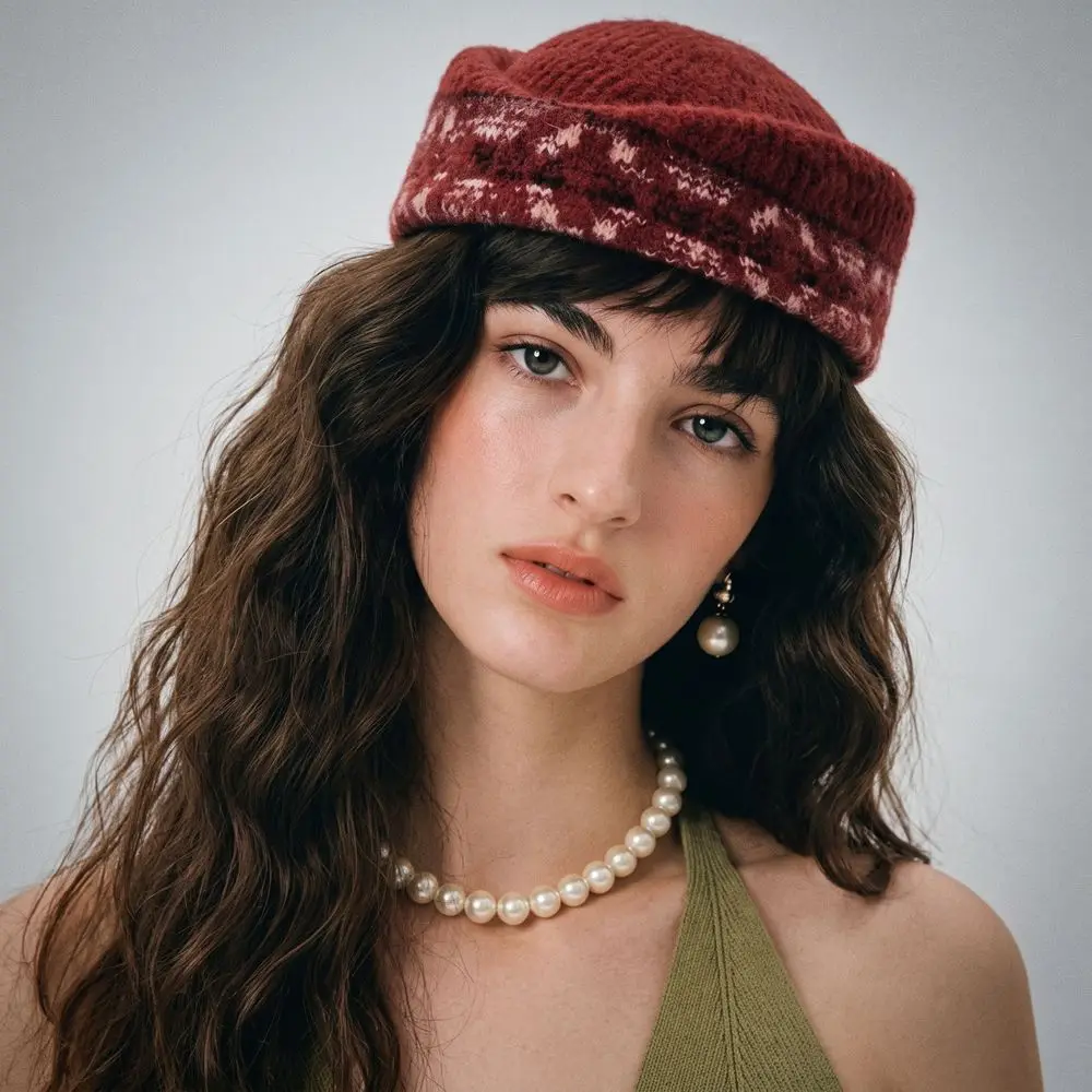 French Style Fair Isle Pattern Pillbox Hat Jacquard Elegant Knitted Beret Hat Dome Fedoras Flat Cap Cocktail Event