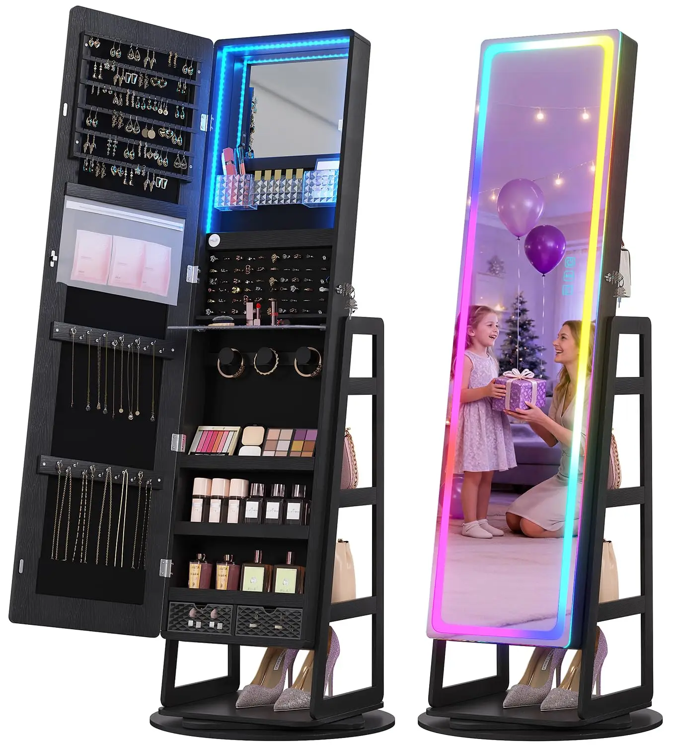 12-Zone Velvet Floor Standing Jewelry Organizer | 108 Earring Slots, 24 Necklace Hooks, RGB+LED, Remote Control, Ideal Gift