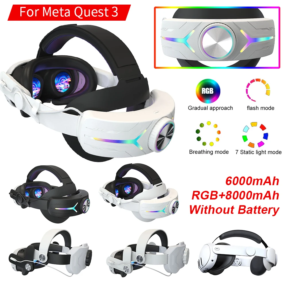 

Adjustable Head Strap for Meta Quest 3 VR Headset RGB Light Elite Head Strap 6000mAh Batteries Rechargable Headset VR Accessorie