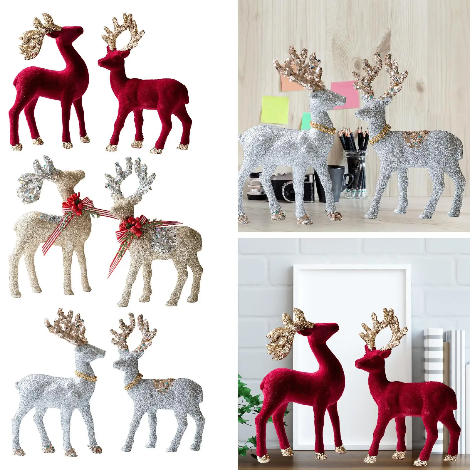 2x Christmas Reindeer Statues Ornament Decor Creative Birthday Gift Figurines Deer Sculptures for Party Living Room Shelf