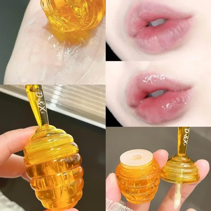 Precioso bote de miel, aceite de labios, bálsamo labial de fruta fresca, aceite de labios transparente hidratante de larga duración, lápiz labial líquido, brillo de labios, cosméticos de maquillaje