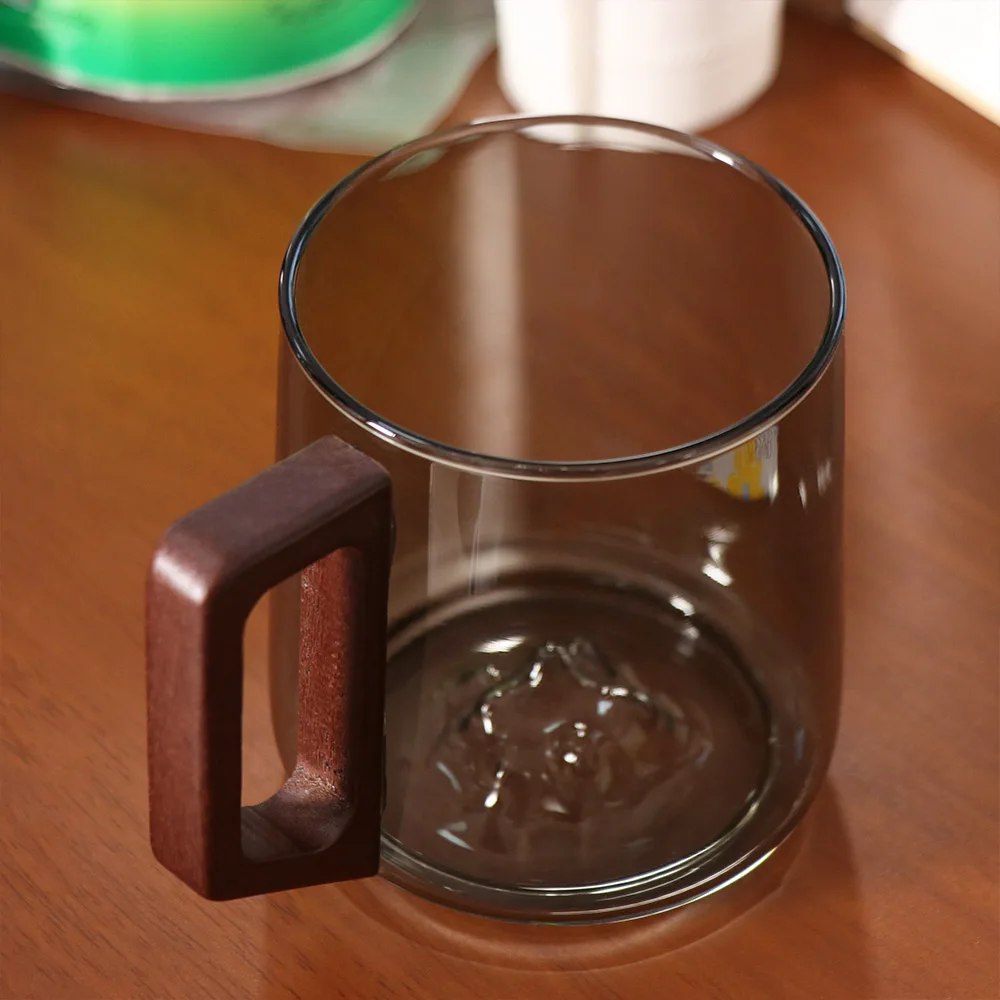 Internal Mountain Protrusion Glass Cup Large Capacity Wooden Handle Water Drinking Cup Heat-resistant Single-layer Tea Cup Gift
