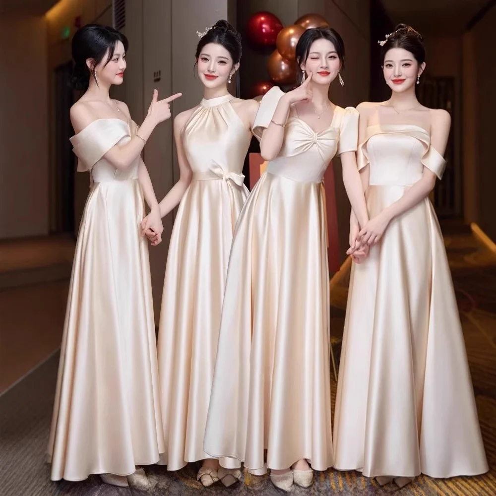 

Champagne Satin Maids of Dresses 2025 New Style Sister Group Engagement Party Dresses Midi Skirt Wedding Guest Dresses