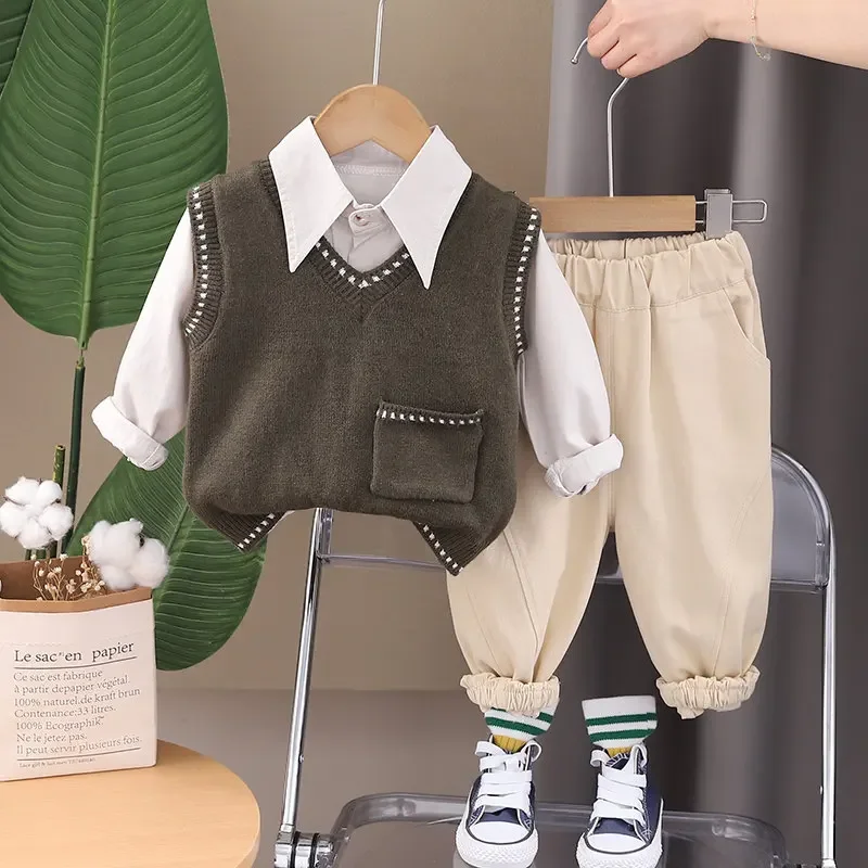 

New Fashion Autumn Children Boys Girls Gentleman Kids Sweater Vest Jacket Strips T-shirt Pants 3Pcs/Sets Kids Clothing Tracksuit