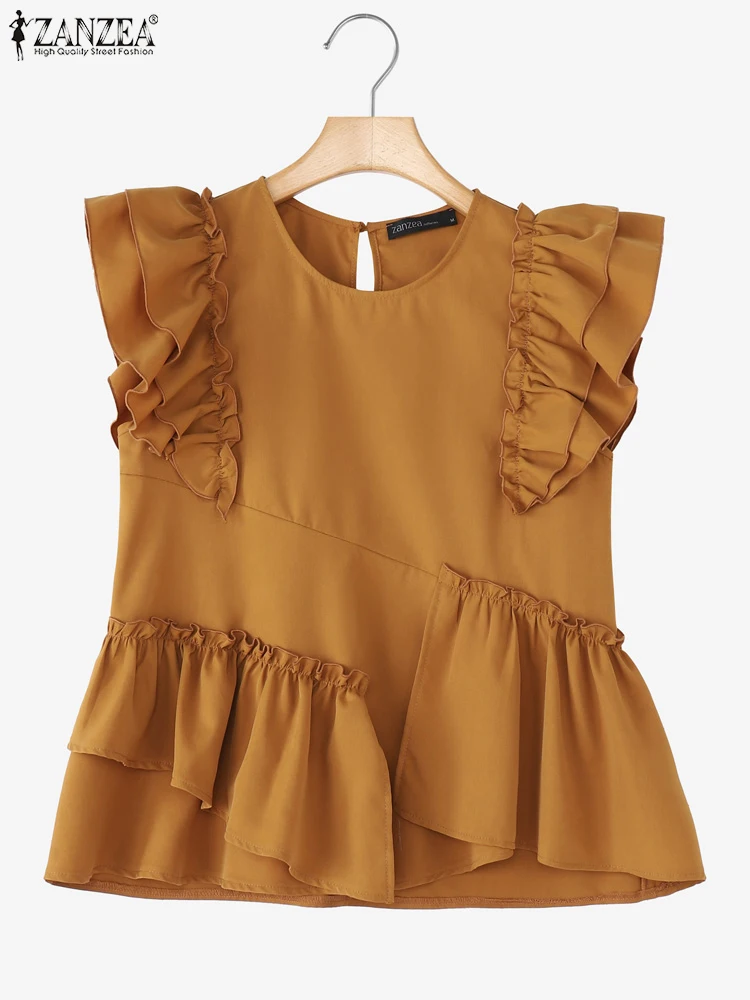 ZANZEA Moda Ruffles Top Camicetta da donna Casual Allentato Tunica asimmetrica 2025 Estate O Collo Pullover senza maniche Solid Blusas