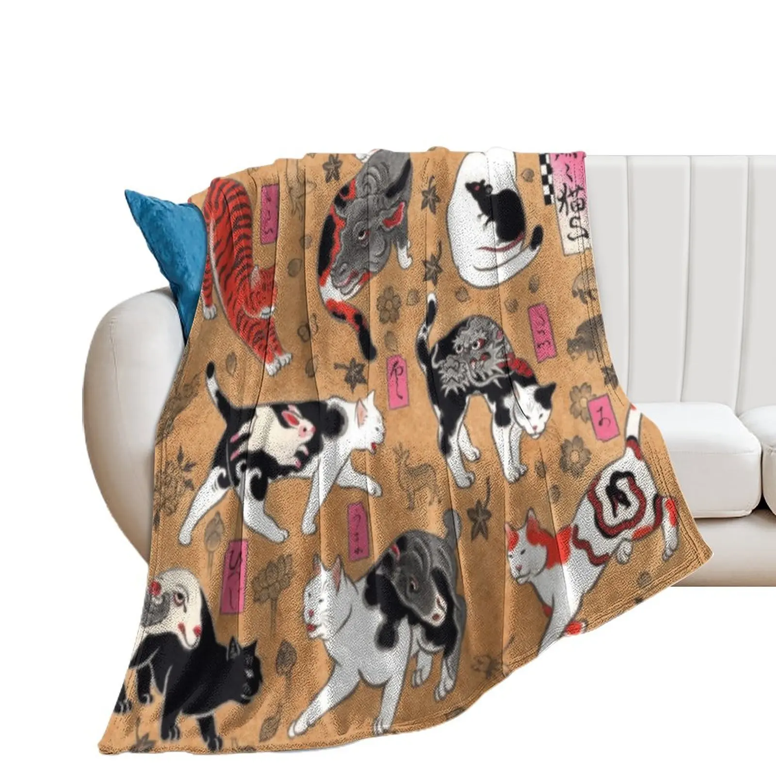 

Antique Japanese Woodblock Print Cats with Tattoos ~ Cat Tattoo Flash Throw Blanket for winter Stuffeds Blankets