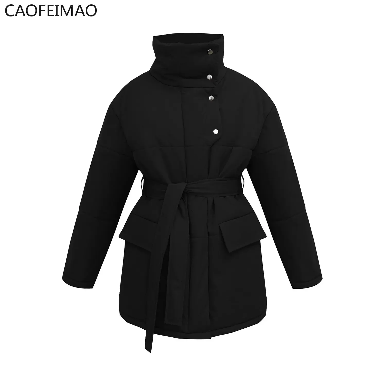 Quilted Jacket Women Winter Loose Parkas Coat Vintage Belted Outwear Office Ladies Warm Cotton Puffer Jackets