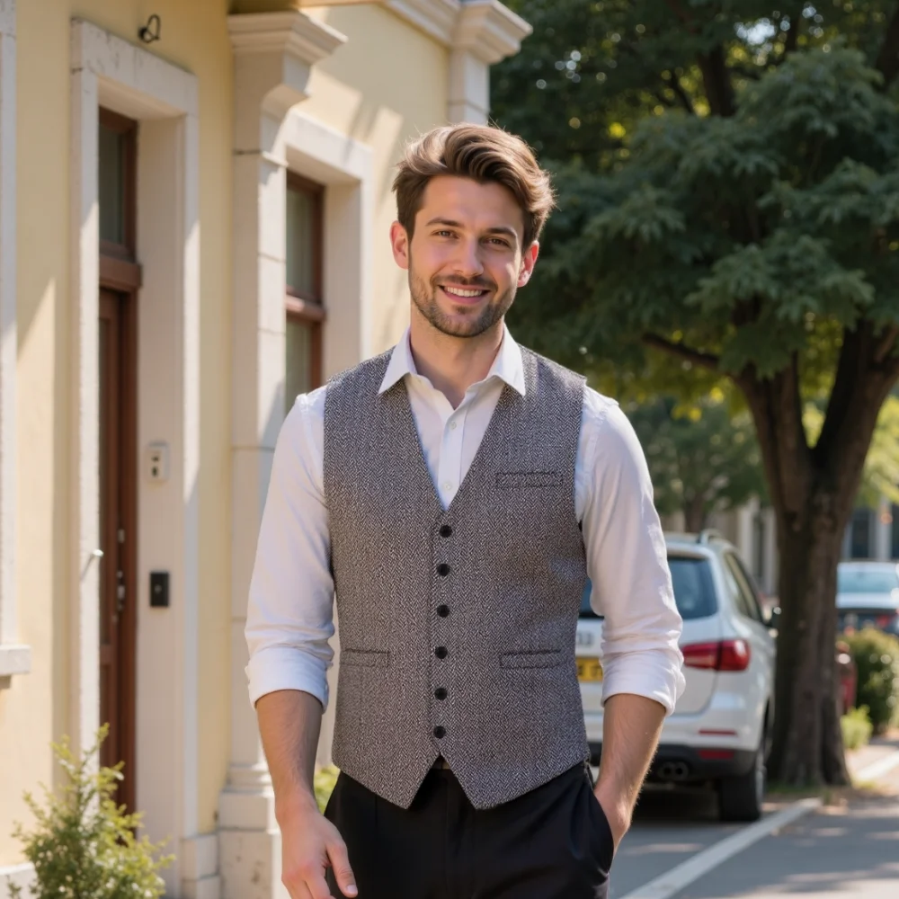 Men's Vest V Neck Herringbone Waistcoat Single Breasted Slim Fit Wedding Men's Vest For Jacket