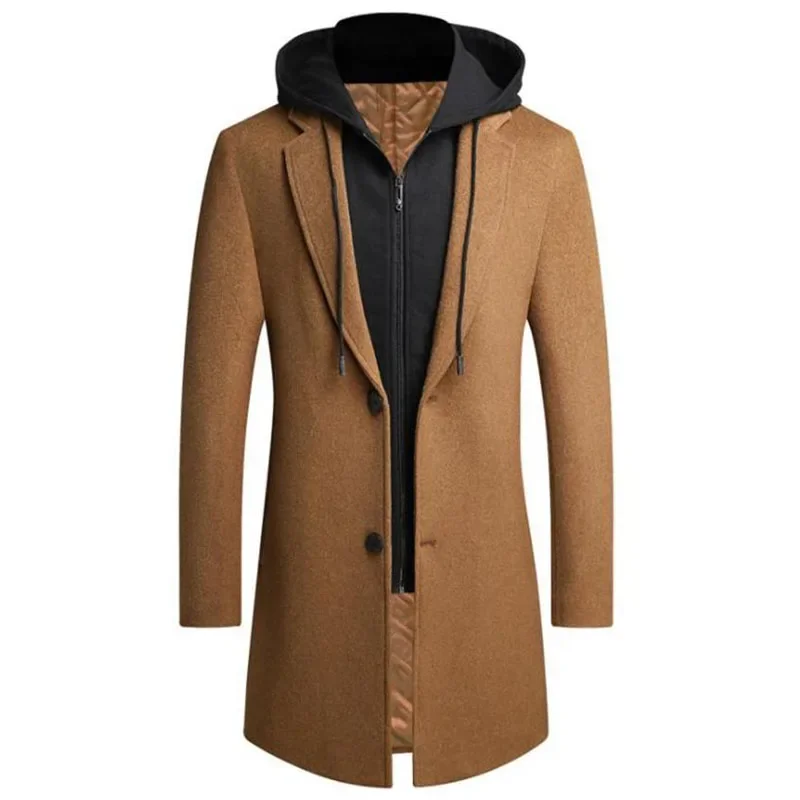 Autumn Winter Men Hooded Wool Jacket Autumn Mens Long Windproof Wool Coat Casual Thick Slim Jacket Male Size M-5Xl 4 Colors