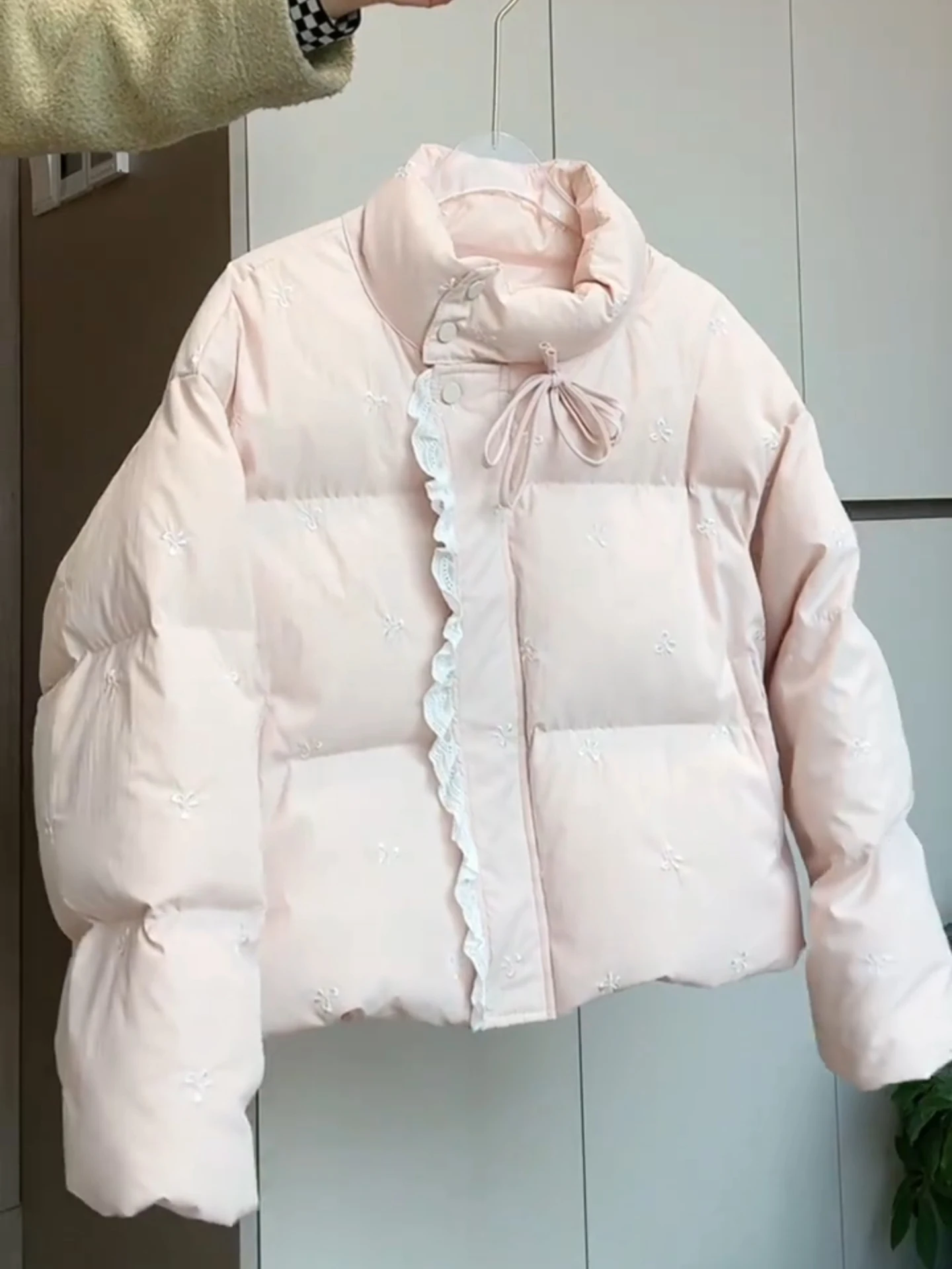 

Korean Style Women's Pink Knot Tied Lace Splicing down Jacket Cotton Coat Winter New Style Thickened Long Sleeve Zi...
