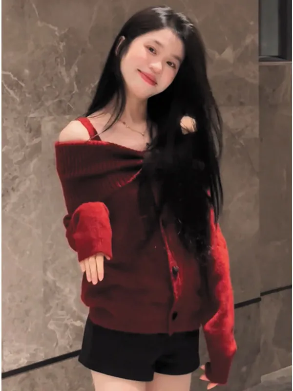 Czerwony sweter z odkrytymi ramionami, dzianinowy, damski, na wczesną jesień, luźny, relaksujący, seksowny top z odkrytymi ramionami, miękki...