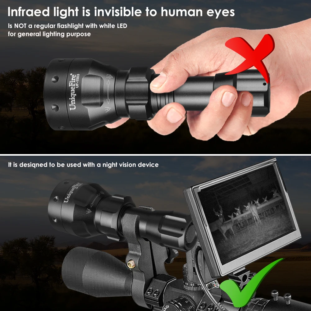 UniqueFire 1503 Tactical IR 850NM LED Flashlight T50 Zoomable Focus Torch Infrared Light Hunting Light Night Vision For Camping