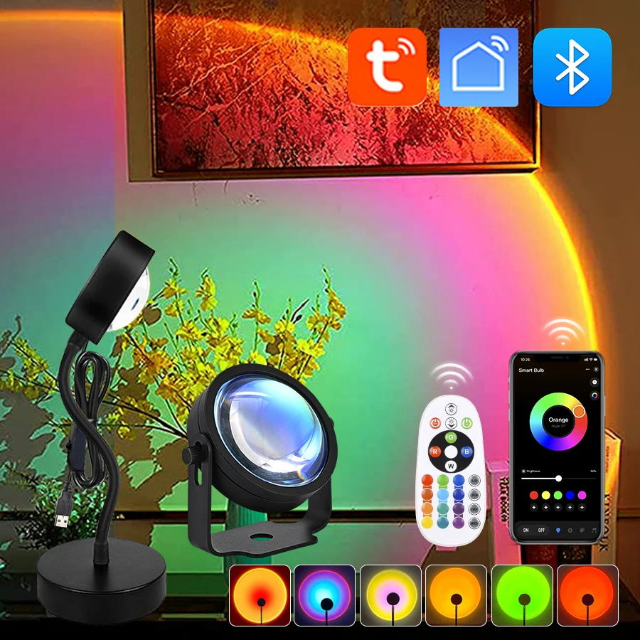 Smart Sunset Led Night Light USB Sunset Projector Lamp Tuya Smart Life App Remote Control RGB Atmosphere Mood Wall Spotlight