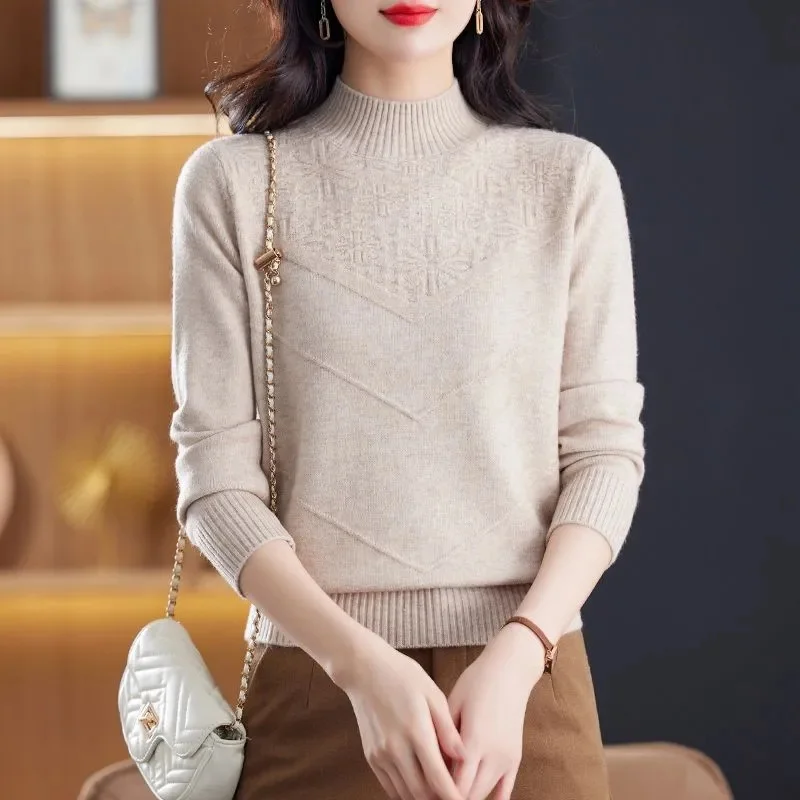 

Women Mock Neck Ruffles Sweater Long Sleeve Knitted Bottoming Solid Pullovers Stripe Casual Sweater For Women Autumn XQ319