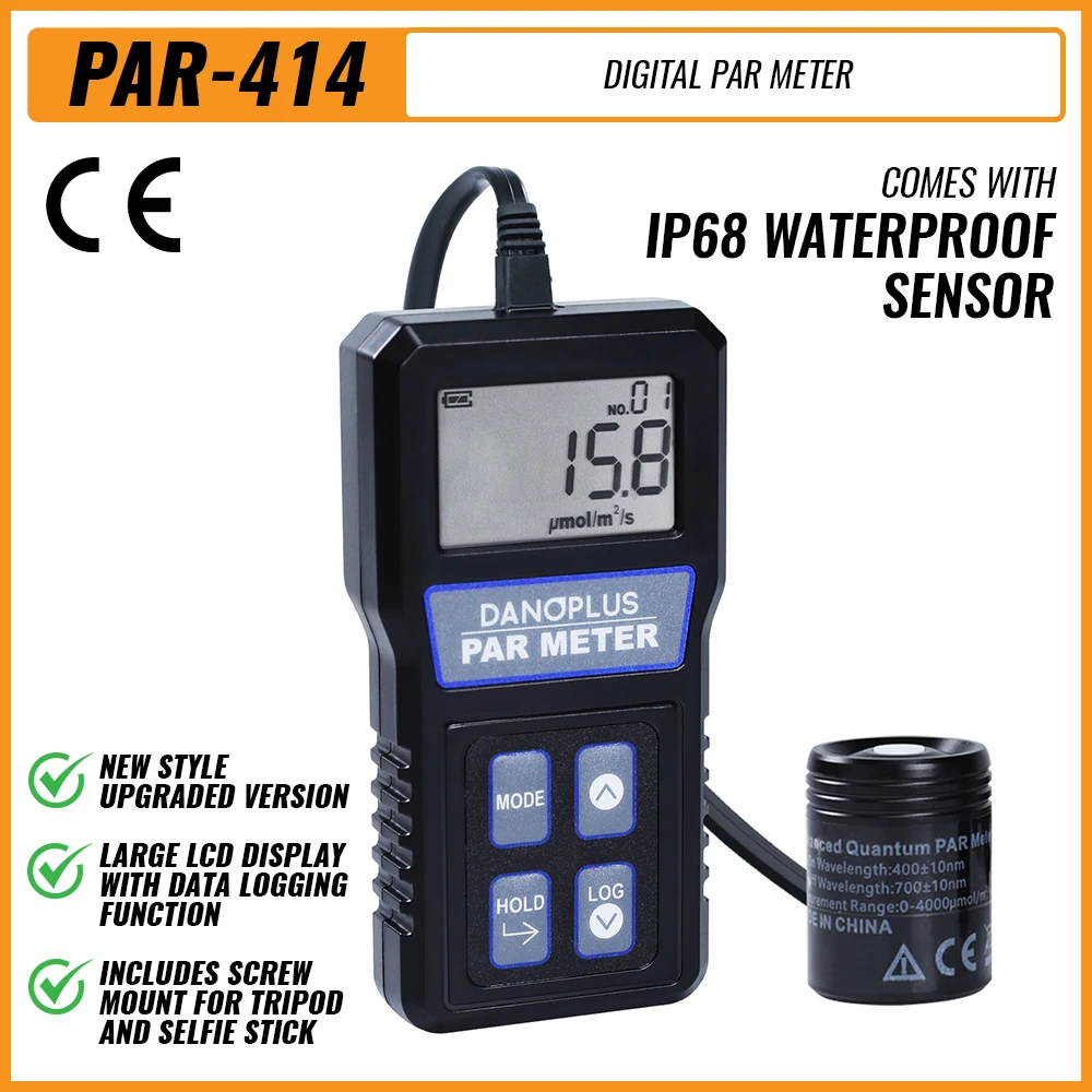IP68 Waterproof PAR Meter for Reef Tank Aquarium Full Spectrum PPFD Tester 400-700nm with Telescopic Pole Measurement Underwater
