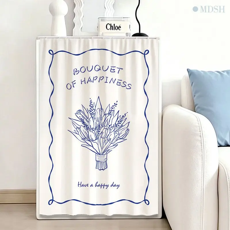 VIKAMA Bouquet of Happiness Blue Line Art Cabinet Cover Curtain No-Drill Hook-and-Loop Dust Cover Kitchen Cupboard Decor