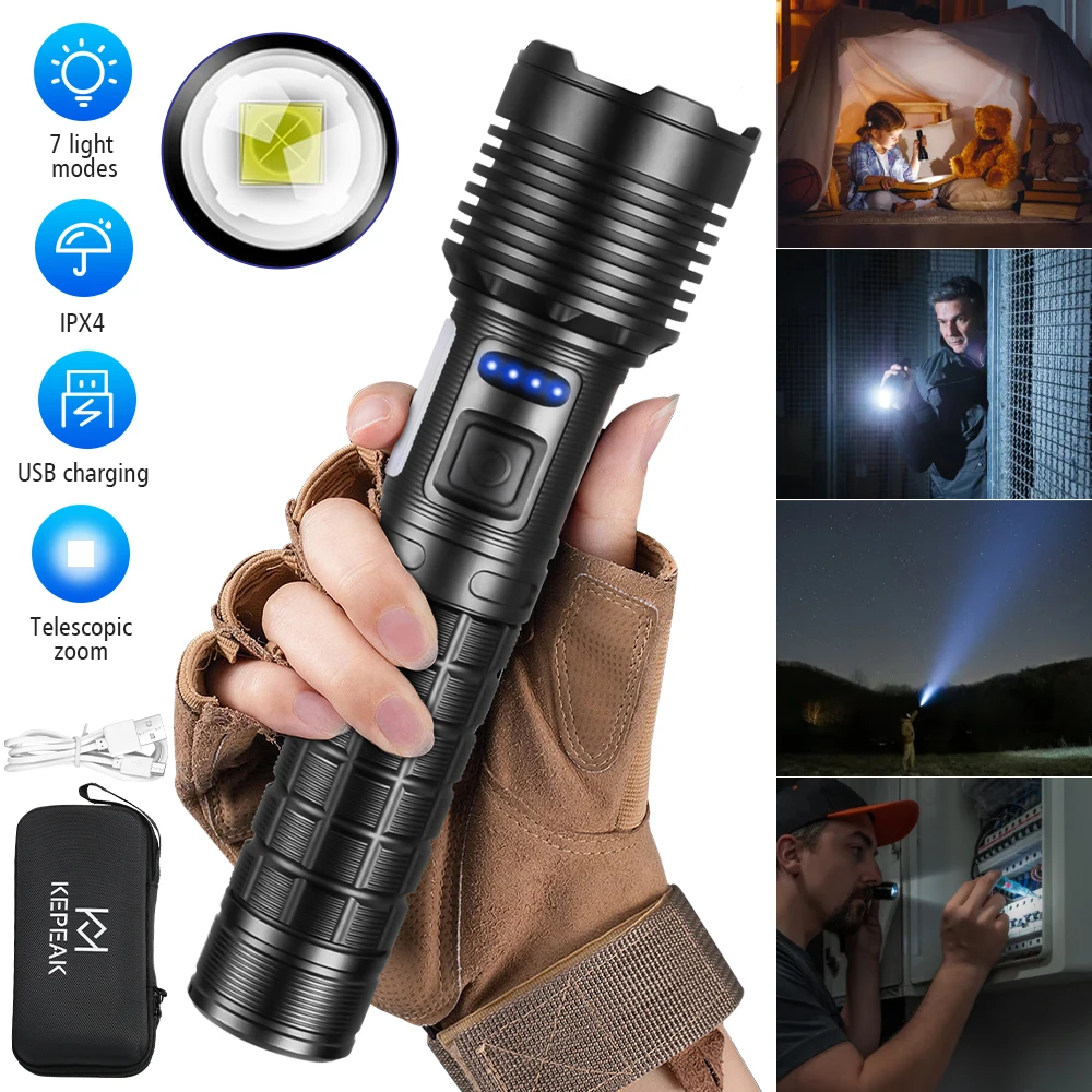 Retractable Portable Zoom Led Flashlights Built-in Battery Flash Light Emergency Spotlights 7levels Tactical Bright Torch