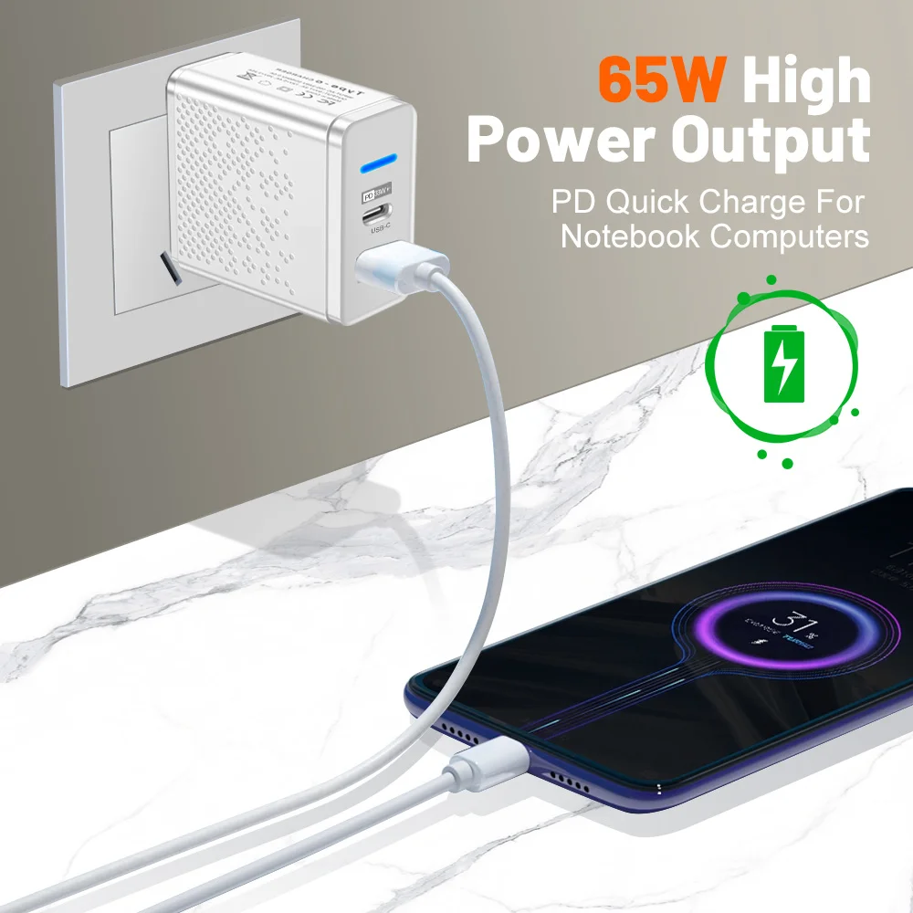 65W GaN PD USB Charger Type C Charger Fast Charging Power Adapter For iPhone 15 Xiaomi Huawei Samsung Mobile Phone Quick Charger