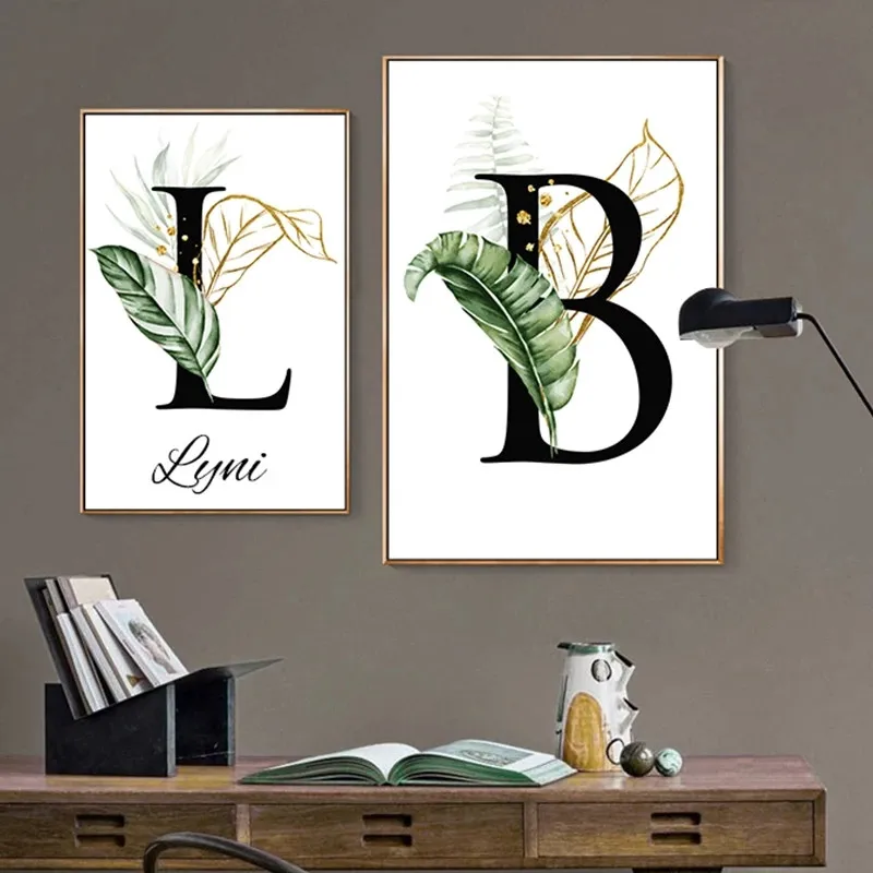 1pc frameless Canvas Painting Custom Name Nordic Letter Canvas Poster Plants and Alphabet Chart Wall Art Print Green White Lette