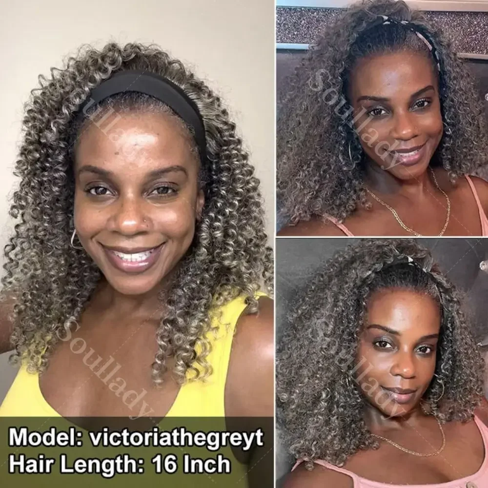 

LULUCHIC Silver Gray Jerry Curly Human Hair Headband Wig Salt And Pepper Color Brazilian Kinky Curl Wave Grey Human Hair Wigs