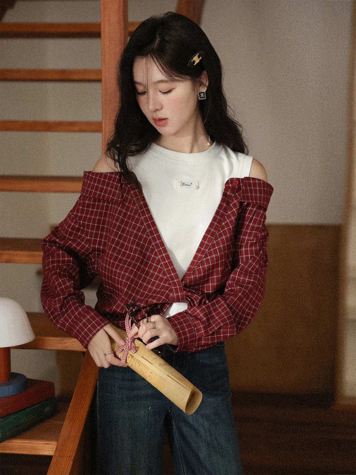 

Red Plaid oulder Bared Long Sve irt Women Loose Fit Casual Sle Fake Two-Piece Warm Velvet irt Autumn Season Ladies...