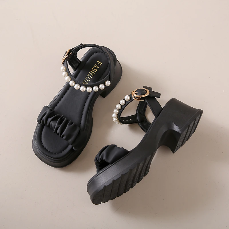 Summer New Round Toe Open Toe Pearl Chain Buckle Thick Sole Waterproof Platform Comfortable Women Sandals Women\'s Single Shoes